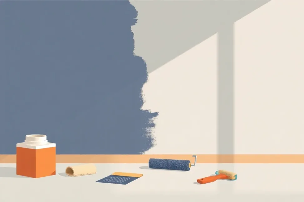 Outils de peinture disposés dans l'ordre des étapes du chantier