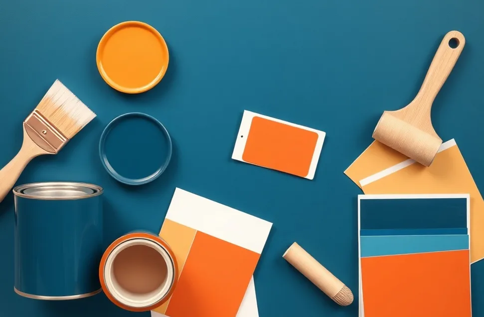 Pots de peinture, nuancier, brosses et rouleaux disposés à plat