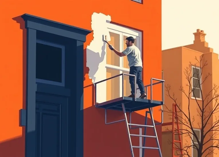Peintre sur échafaudage traitant la façade d'une maison